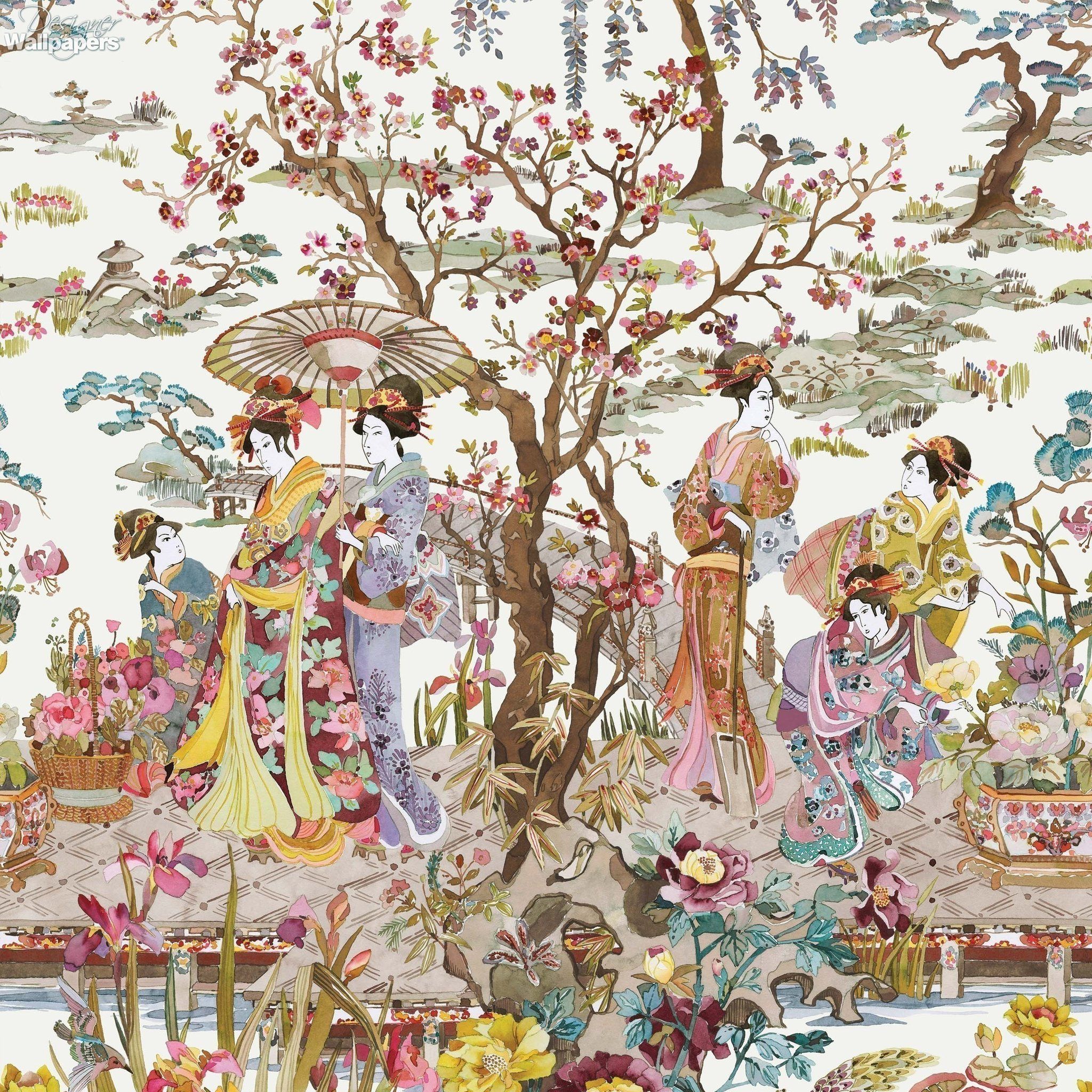 Papel tapiz de jardín japonés en ocre de los jardines encantados