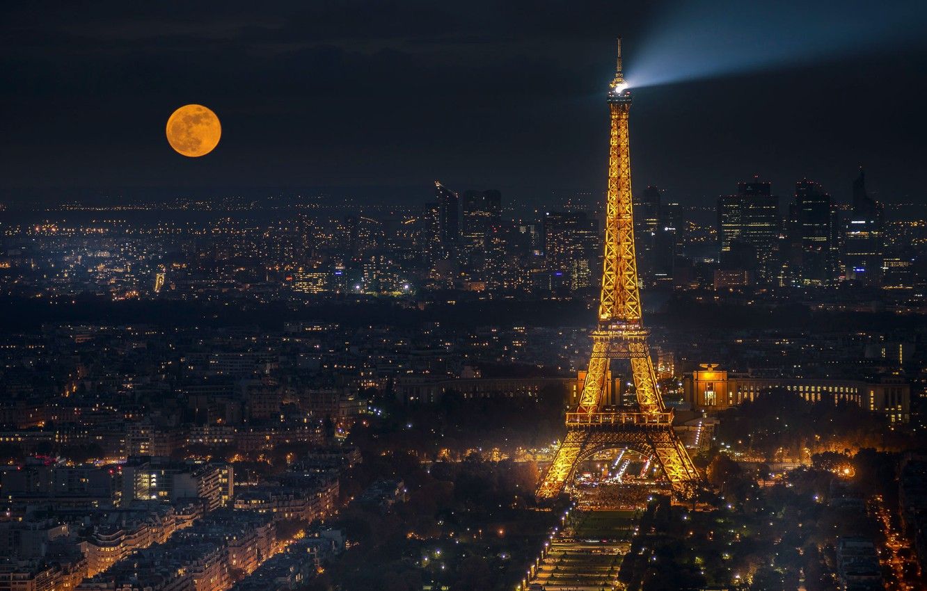 Luces de papel tapiz, la luna, Francia, París, panorama, torre Eiffel