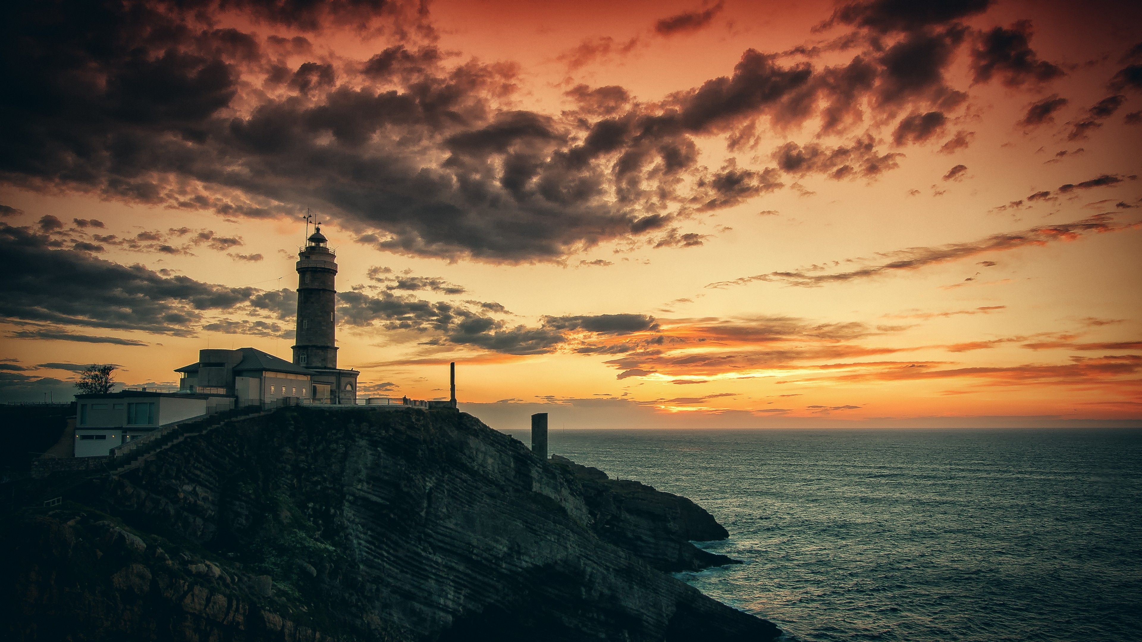 Wallpaper Lighthouse, HD, fondo de pantalla 4k, rocas, mar, puesta de sol, OS # 5287