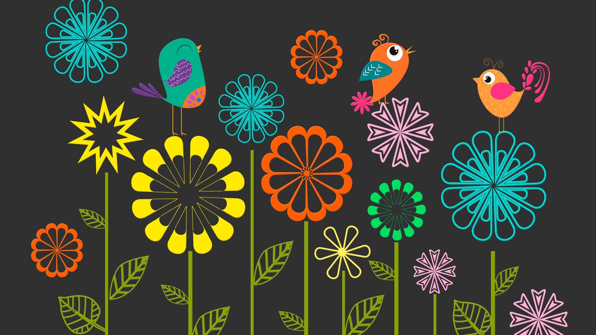 Coloridas flores de vectores con fondo de pantalla de pájaros - Wallpaper Stream