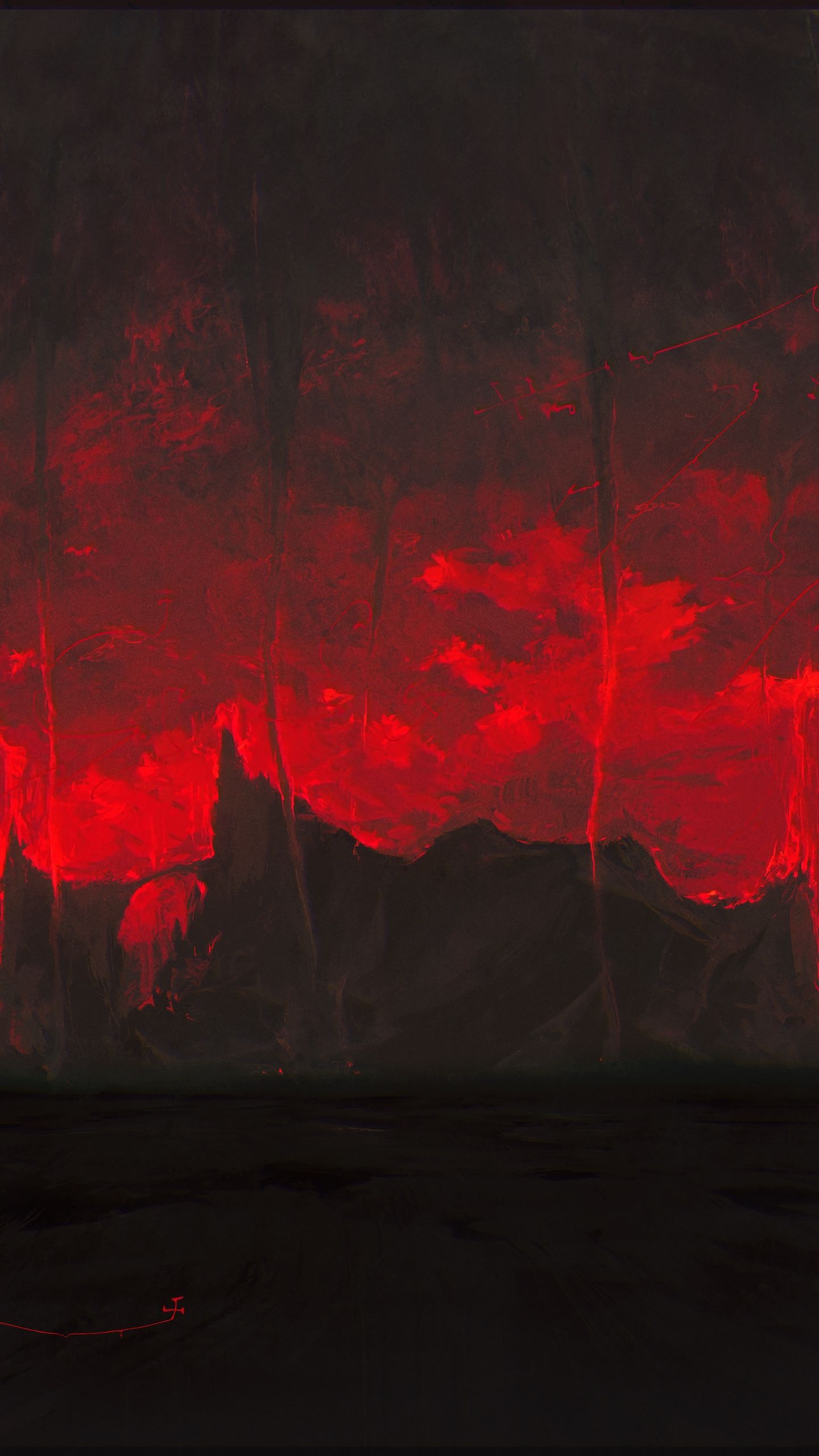 Descargar fondo de pantalla 1440x2560 montañas, oscuro, arte, rojo, negro qhd