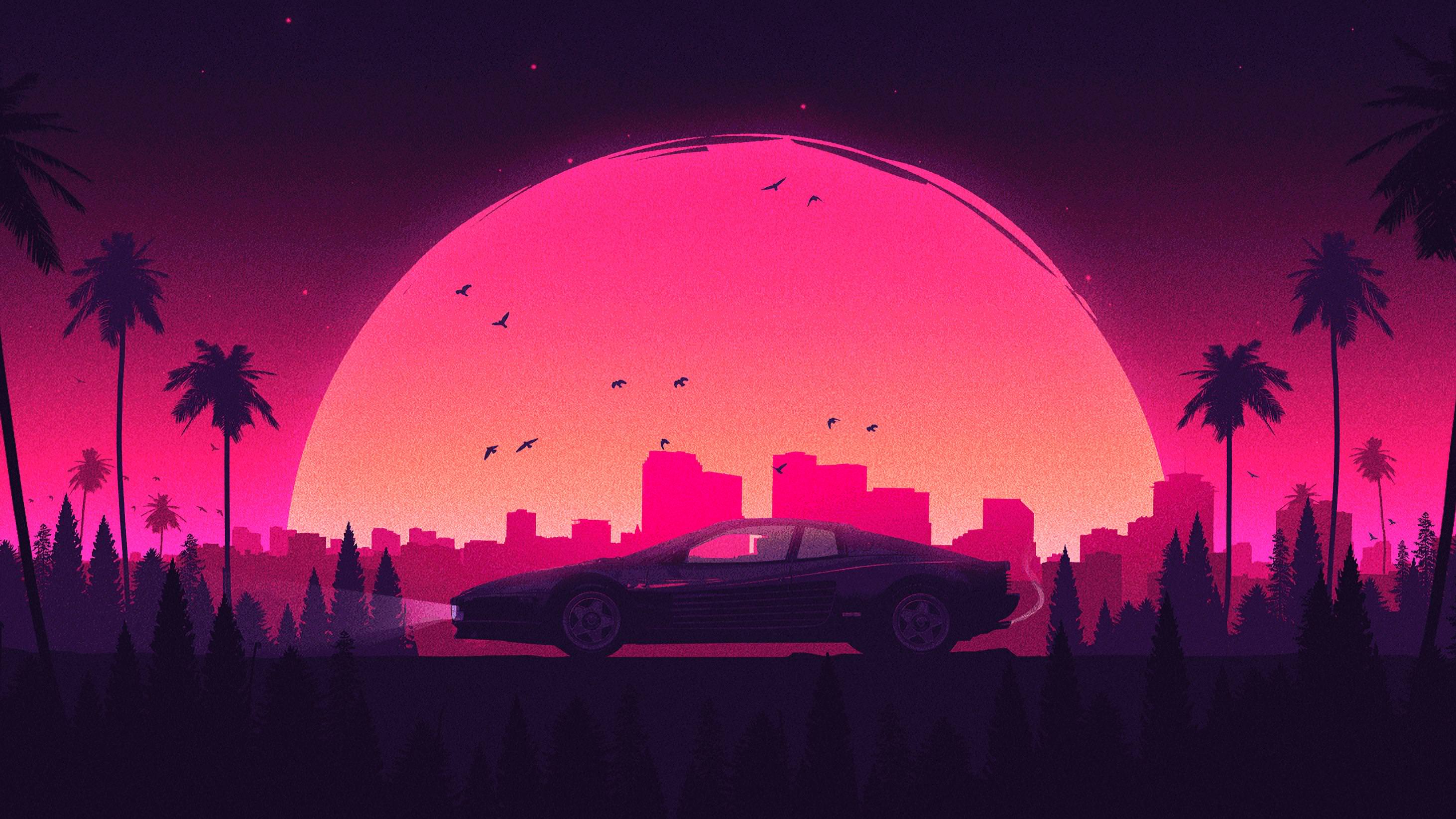 Pink Retro City Lamborghini, artista HD, fondos de pantalla 4k, imágenes