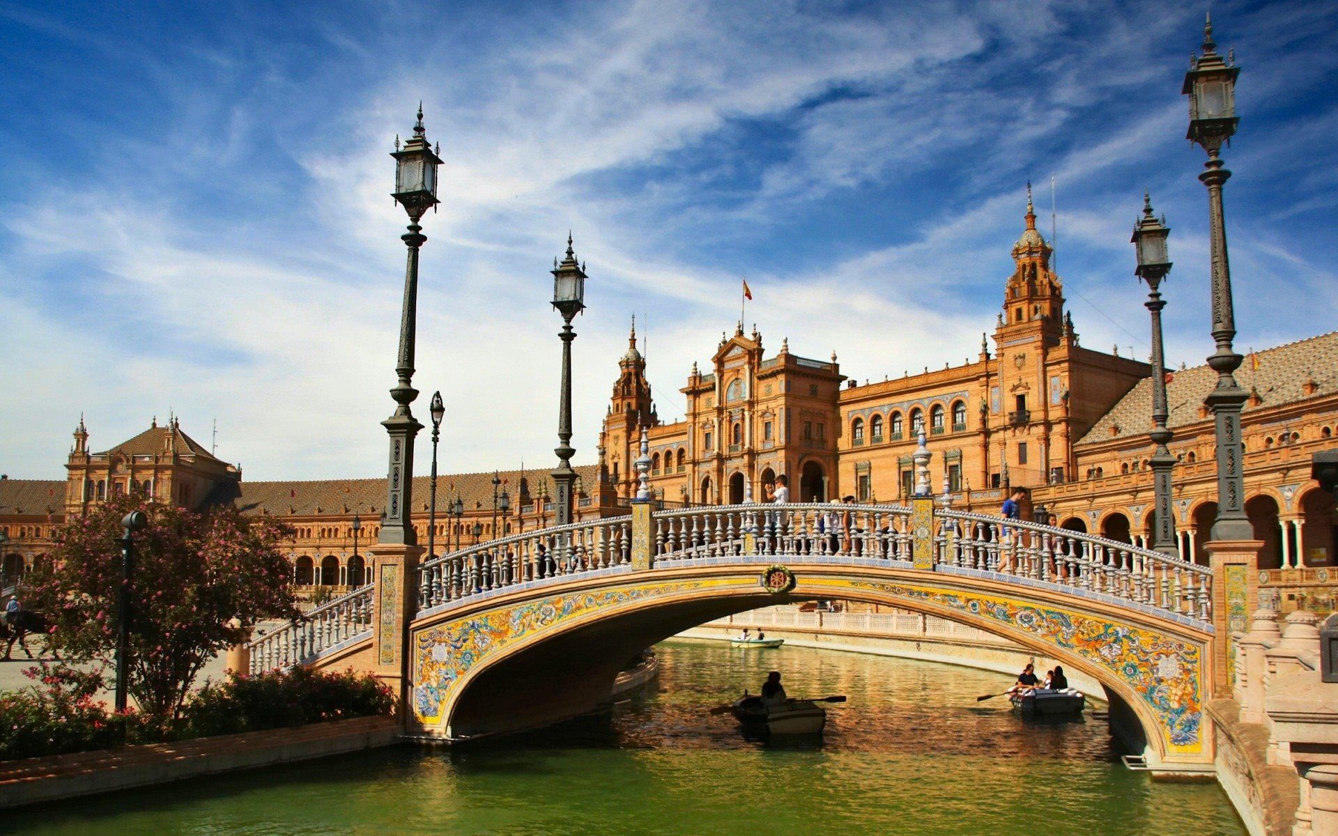 Descargar fondos de pantalla puente, río, barcos, Sevilla, Plaza de España