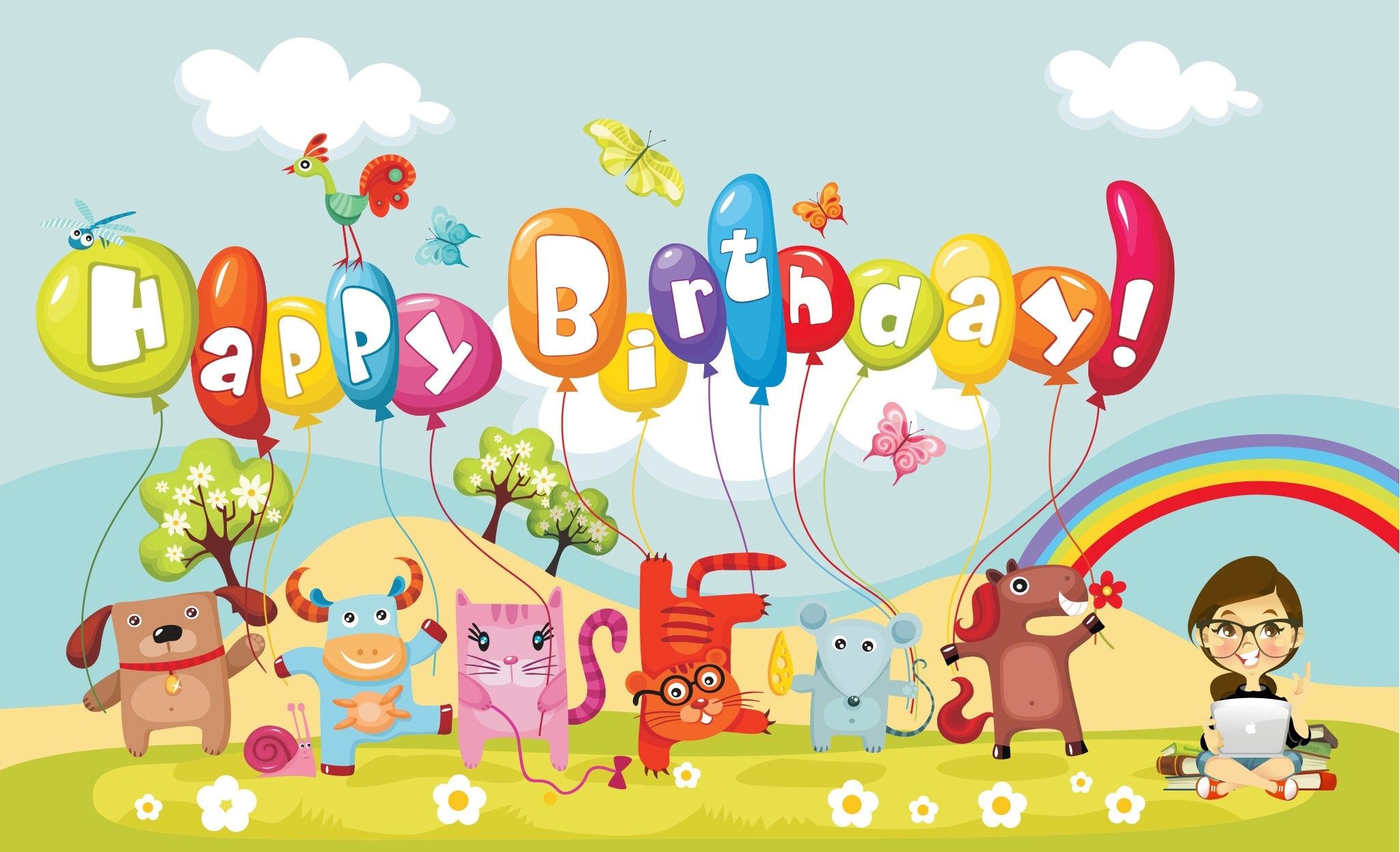 Feliz cumpleaños fondo de pantalla para niños con animales divertidos en dibujos animados - HD