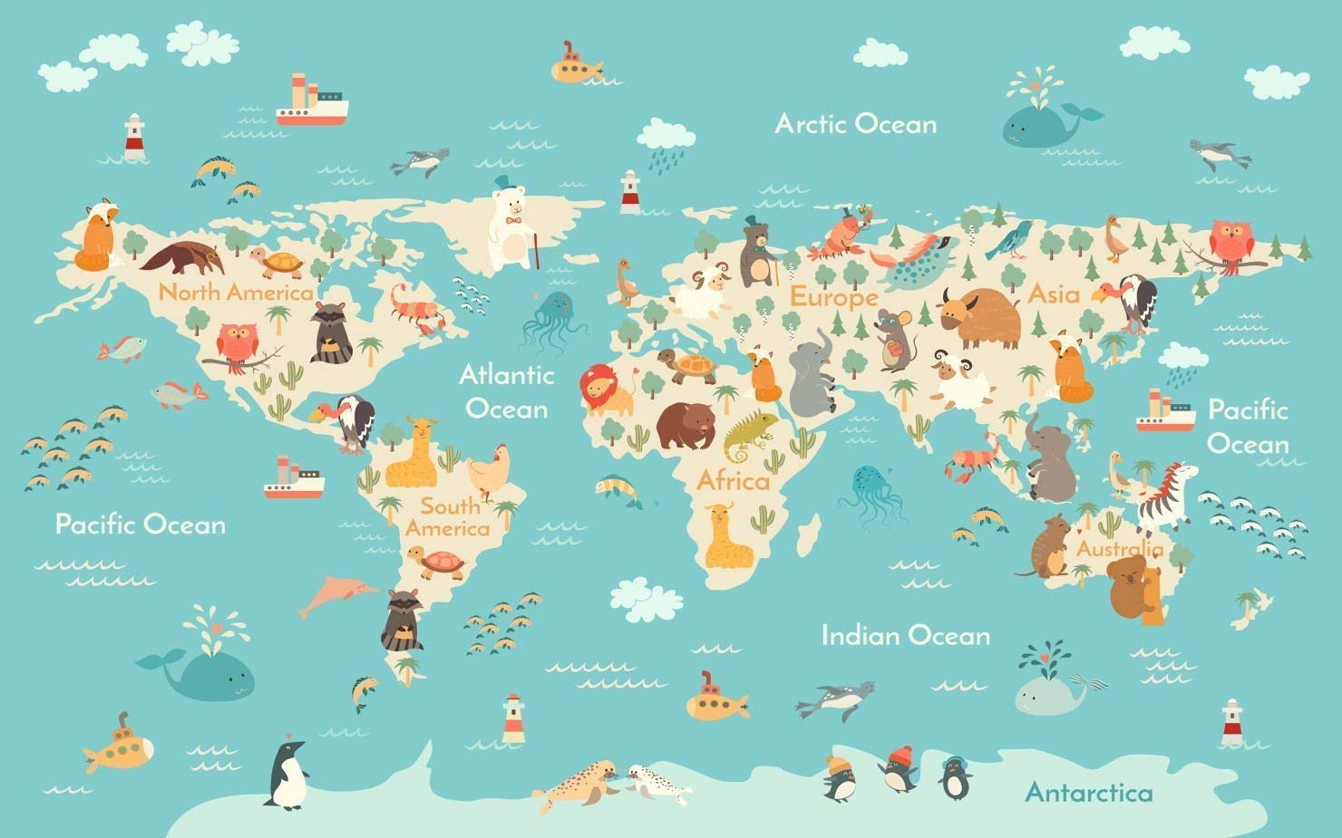 Amazon.com: Mapa del mundo con fondos de animales del océano para niños