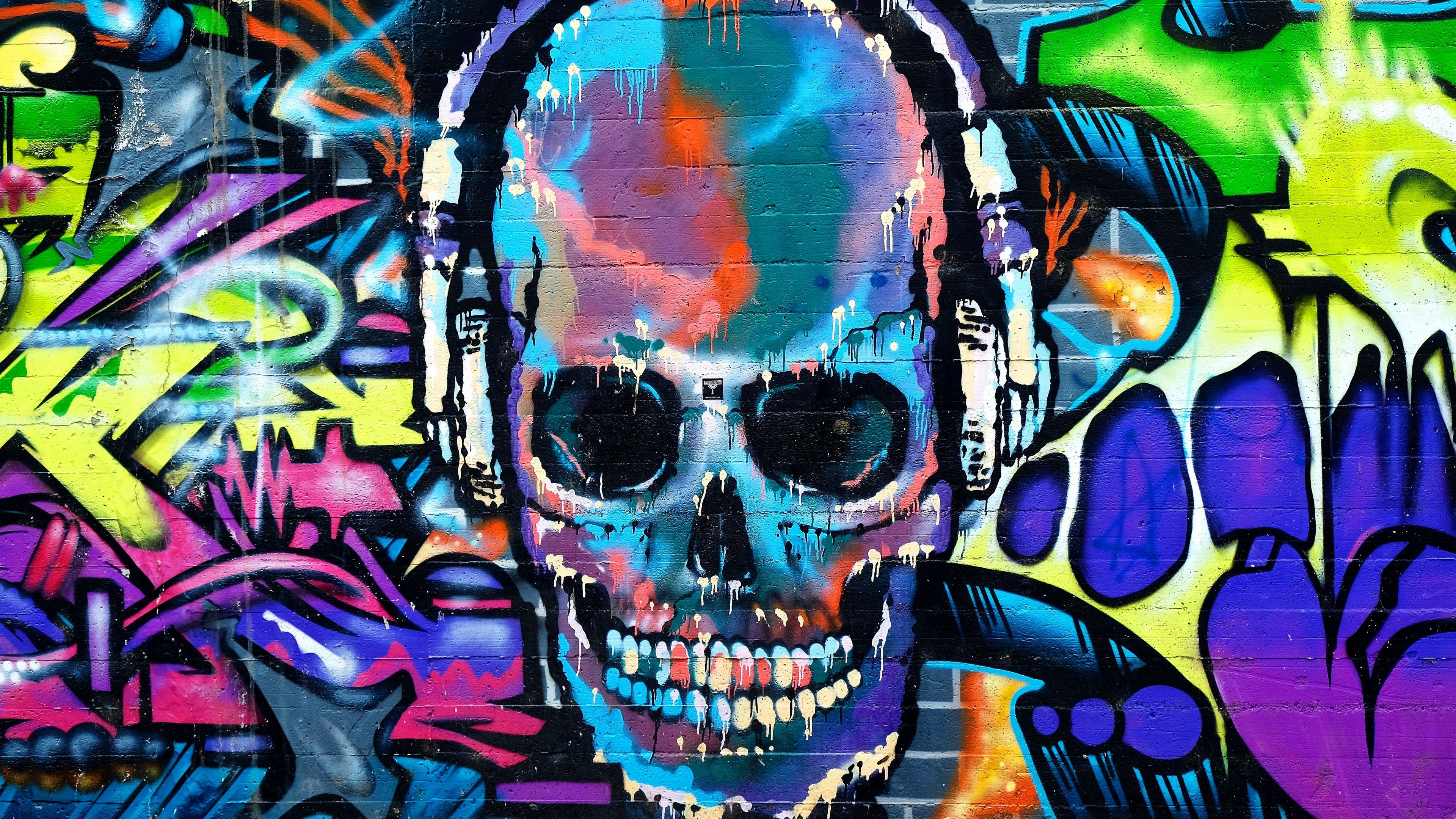 Descargar 3840x2160 fondo de pantalla de graffiti, cráneo, colorido, arte callejero