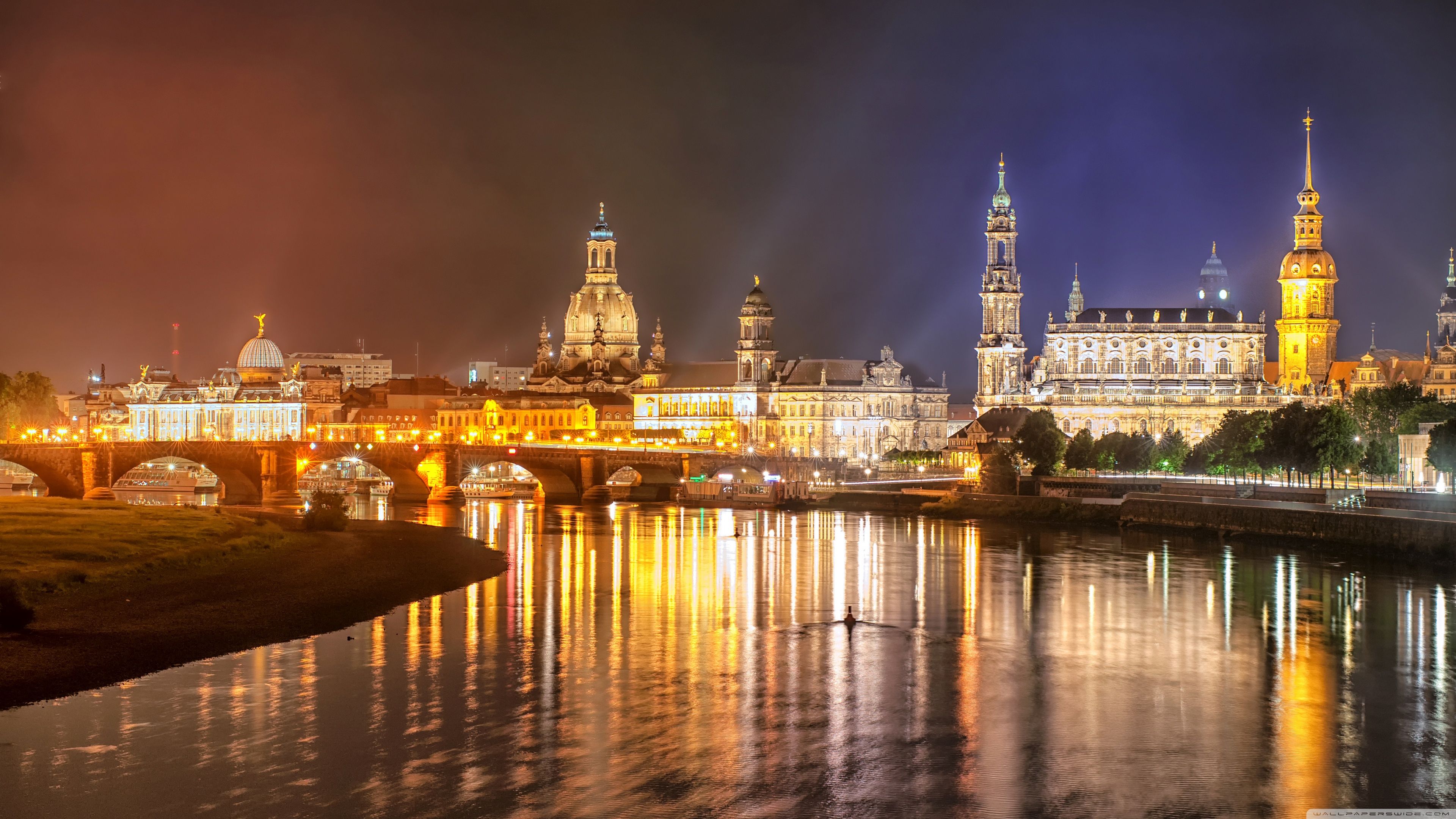 Dresden, Elba River, Germany, Night ❤ 4K HD Desktop Wallpaper para
