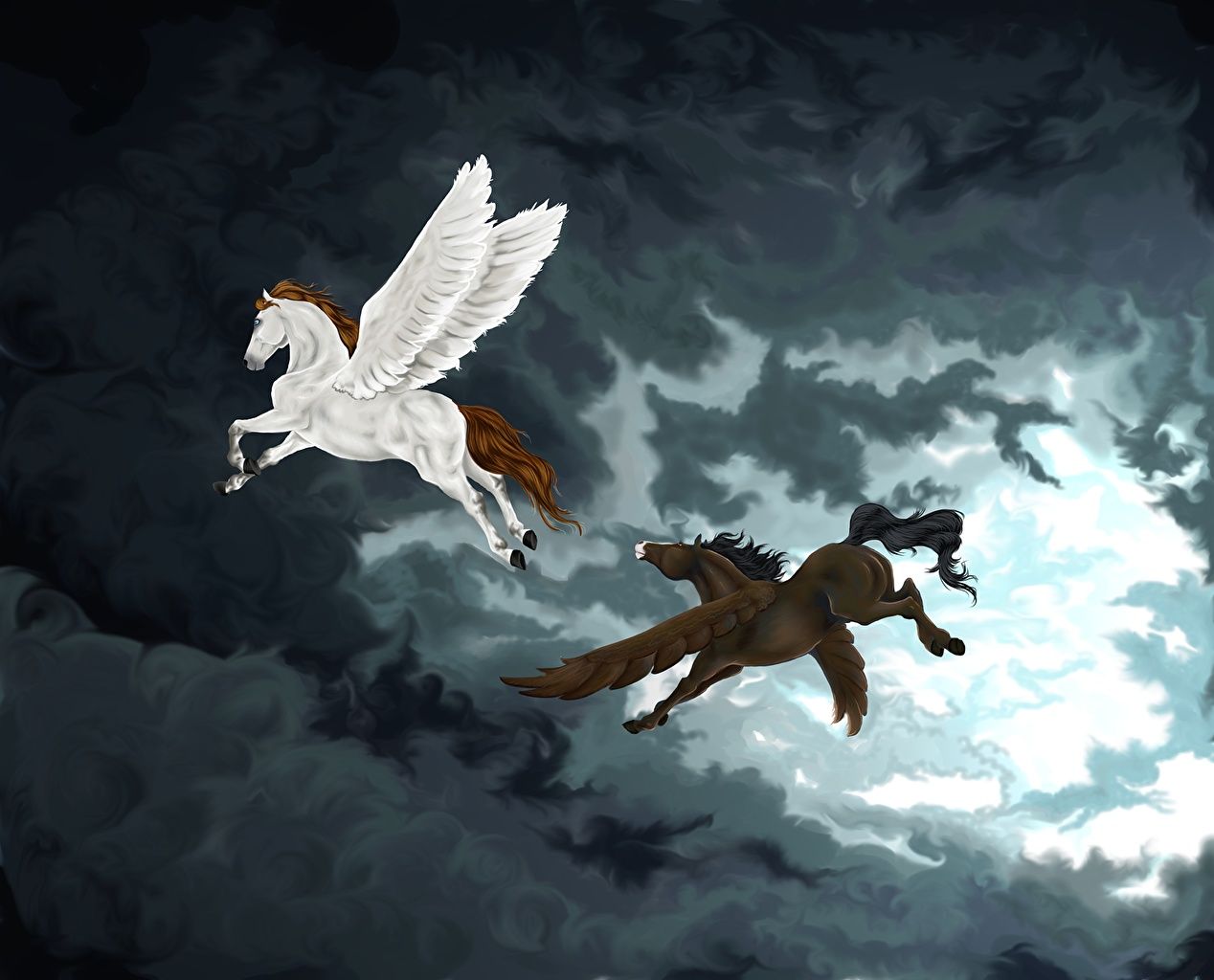 Fondos de pantalla Caballos Pegasus Alas Dos Fantasía Animales mágicos Nubes