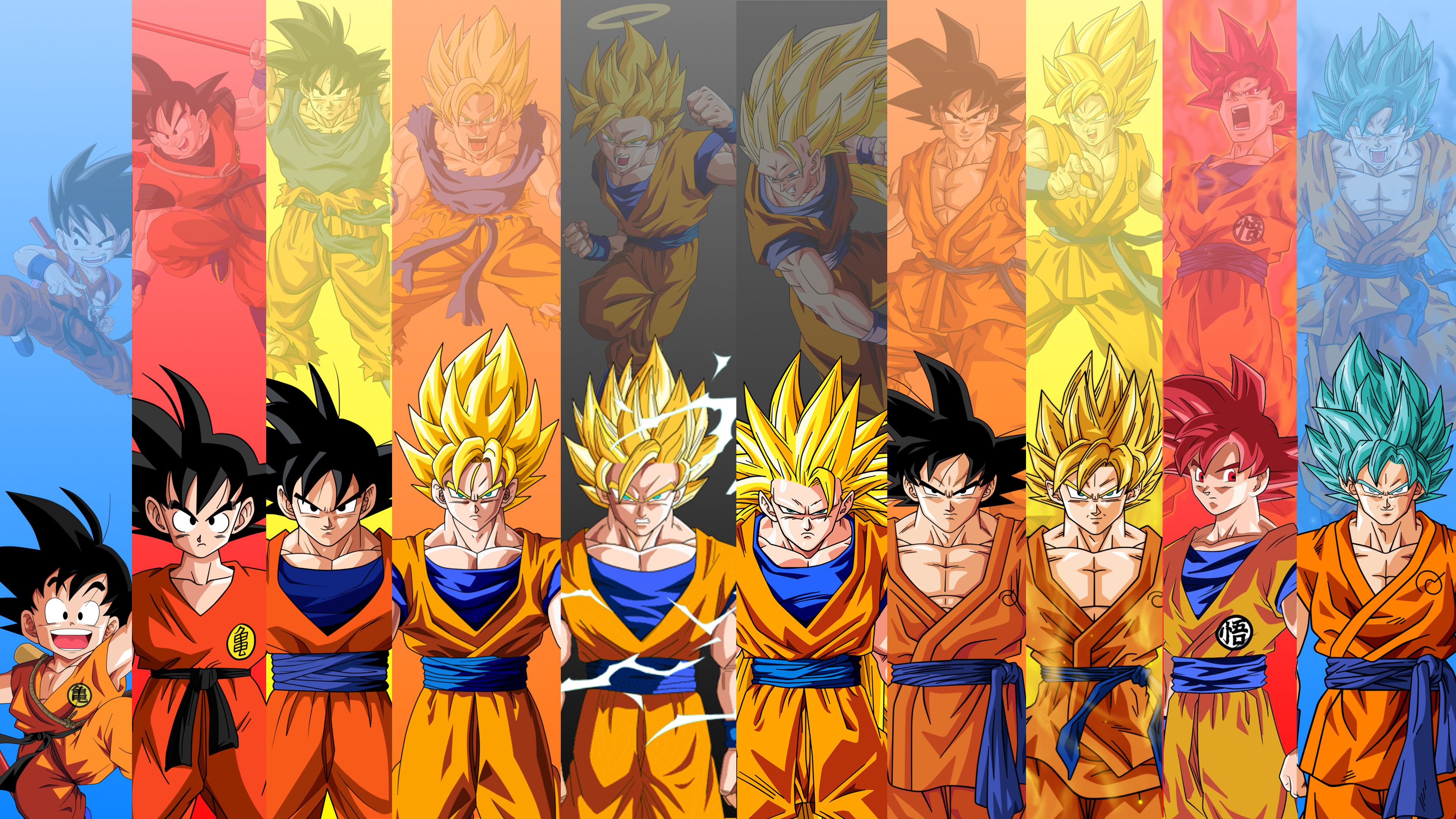 Acabo de hacer este fondo de pantalla 4K con 10 formas de Goku de DB, DBZ