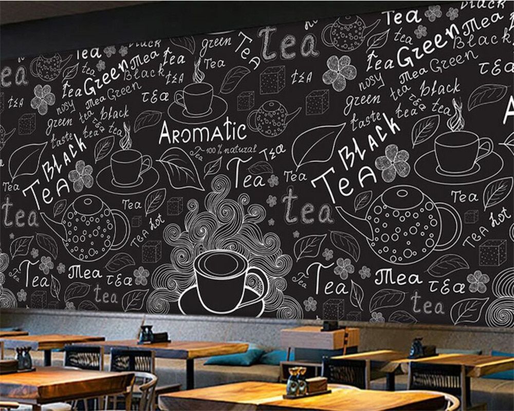 US $ 9.0 40% DE DESCUENTO | beibehang 3D obra de arte personalizada dibujo a mano pizarra en blanco y negro papel tapiz de cafetería bar restaurante restaurante papel tapiz en