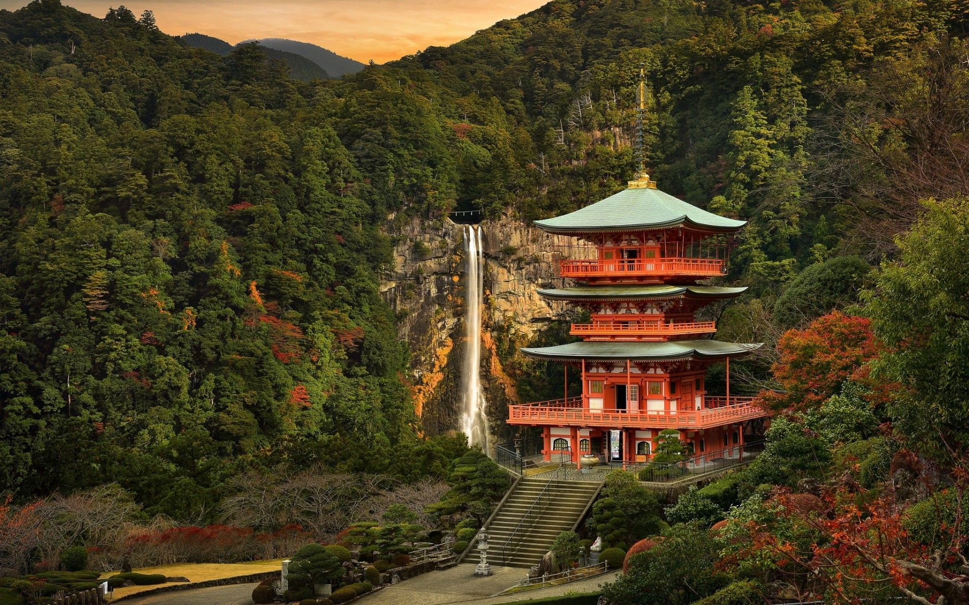 Fondos de pantalla: Japón, árboles, paisaje, bosque, otoño, cascada, puesta de sol