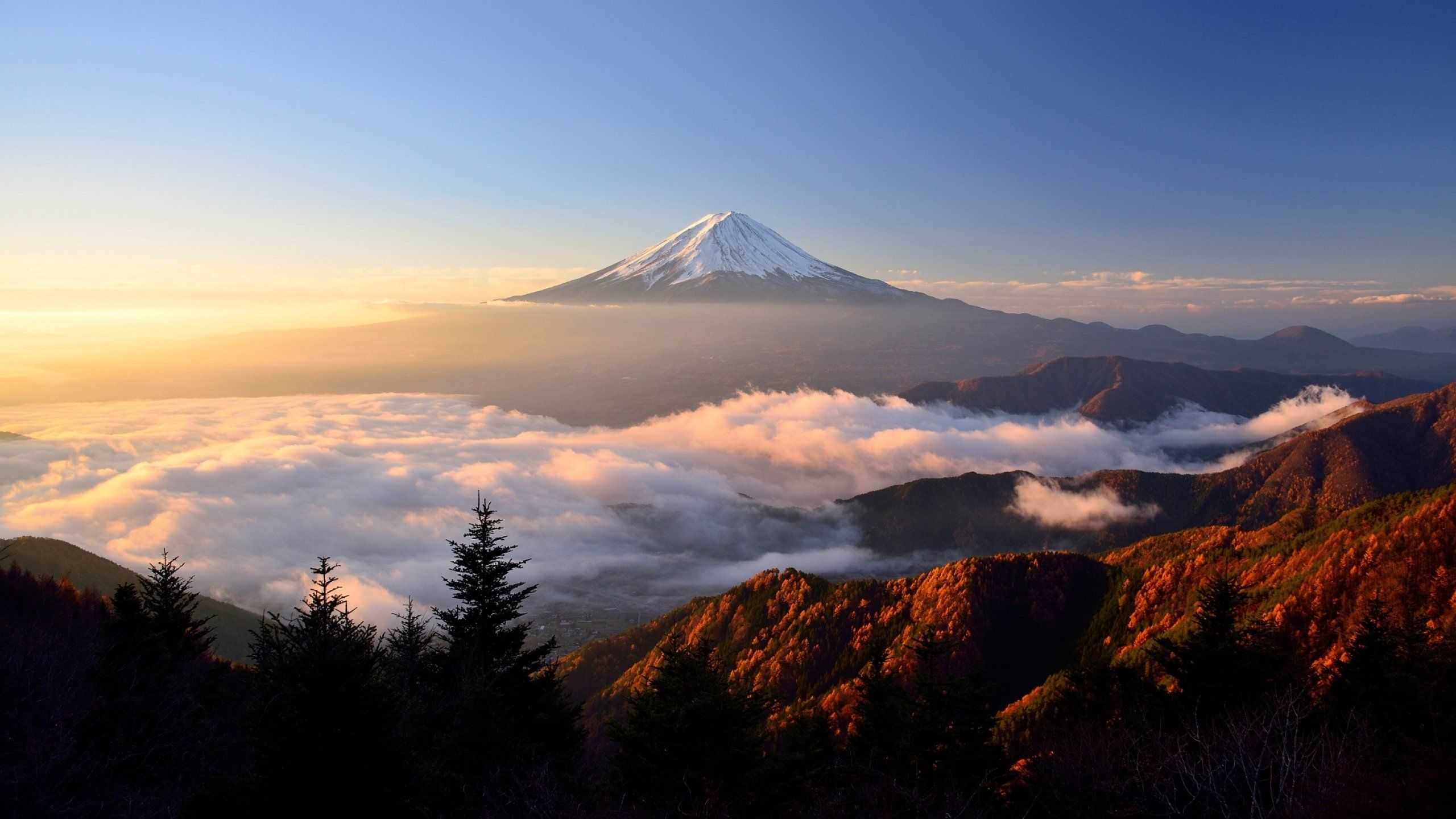 amanecer, mañana, paisaje, estratovolcán, volcán, Japón, monte