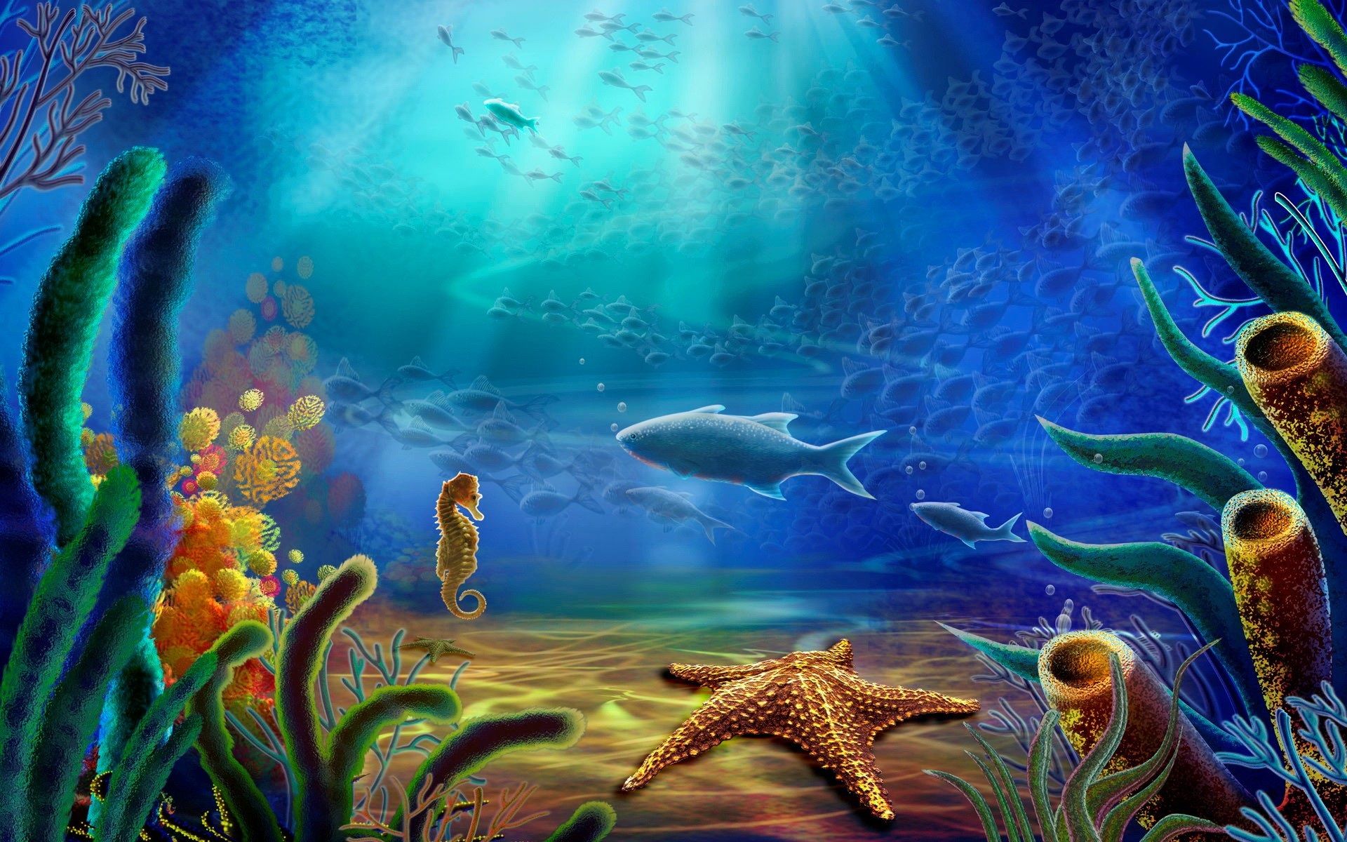 Fondo de pantalla de animales marinos de fondo, peces, estrellas de mar, corales, agua, arte