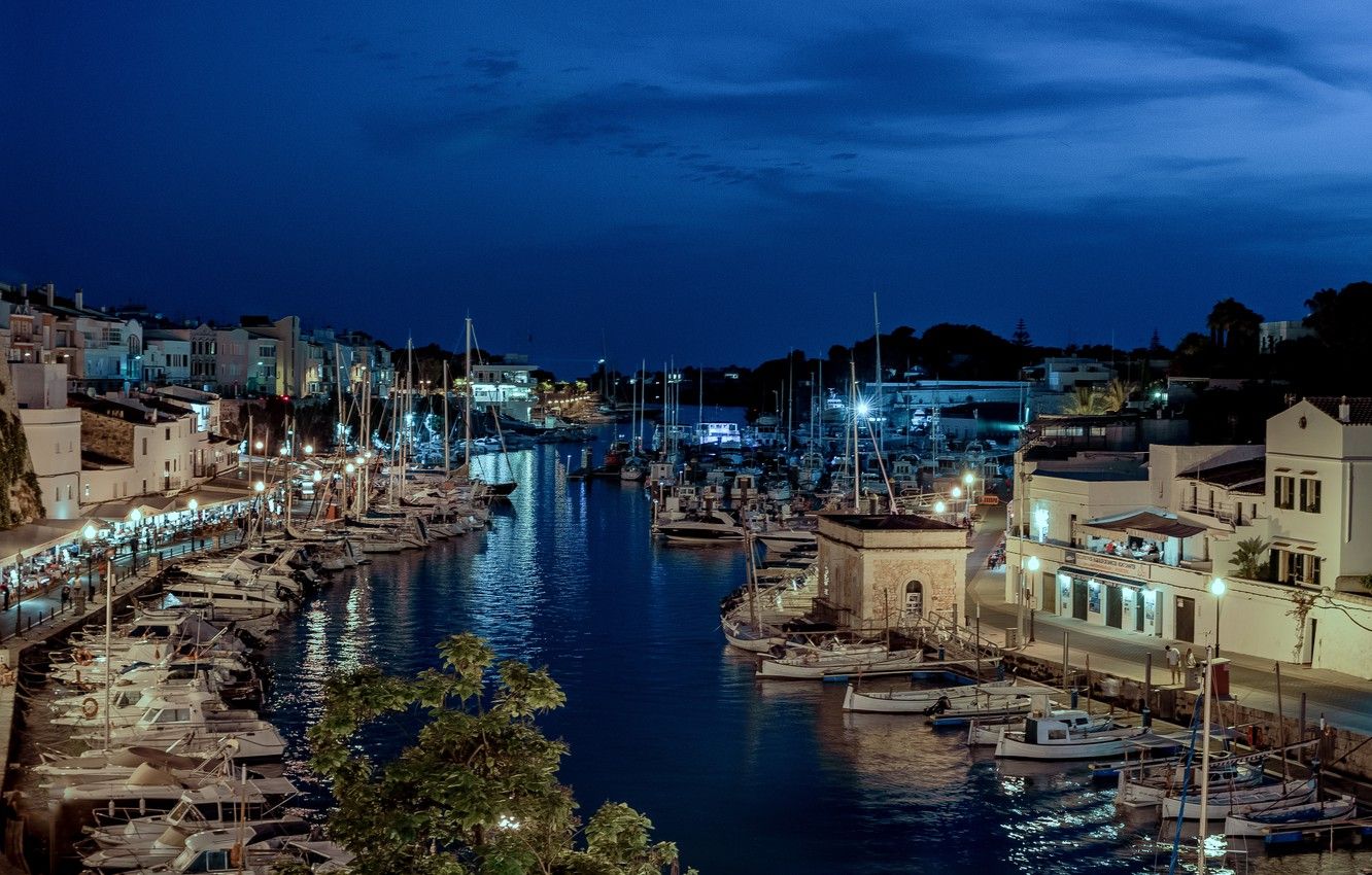 Fondo de pantalla nocturno, luces, barcos, España, puerto, Menorca, Ciutadella