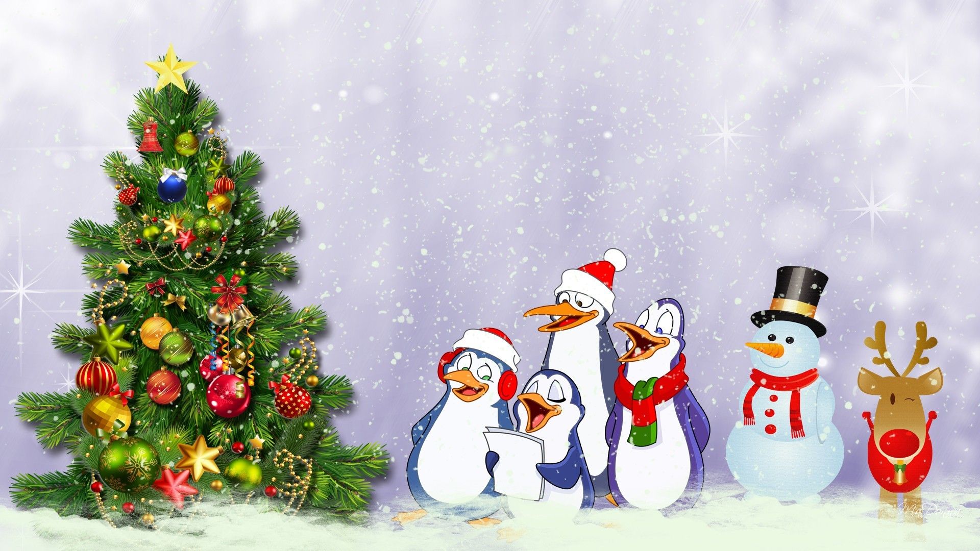 Invierno: Navidad Feliz Whimsical Sing Tree Penguins Christmas Cute