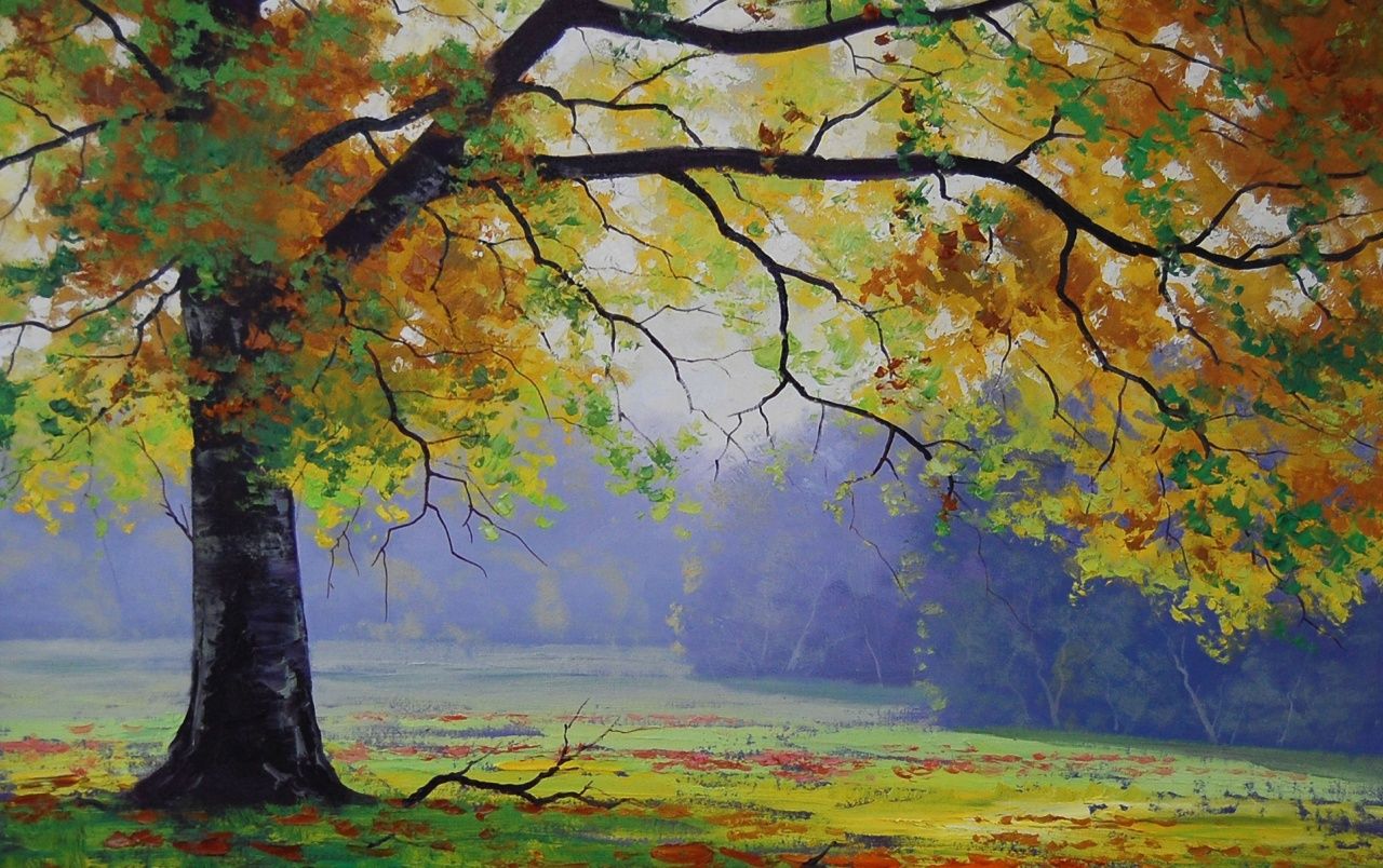El árbol y la hierba de otoño Pintura fondos de pantalla | El árbol
