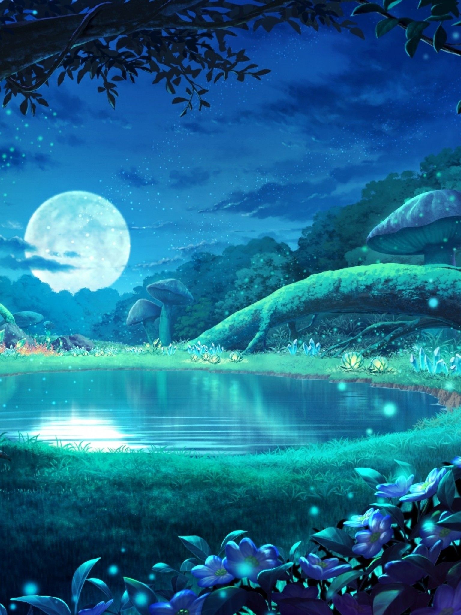 Descargar 1536x2048 Anime Landscape, Moonlight, Forest, Reflection