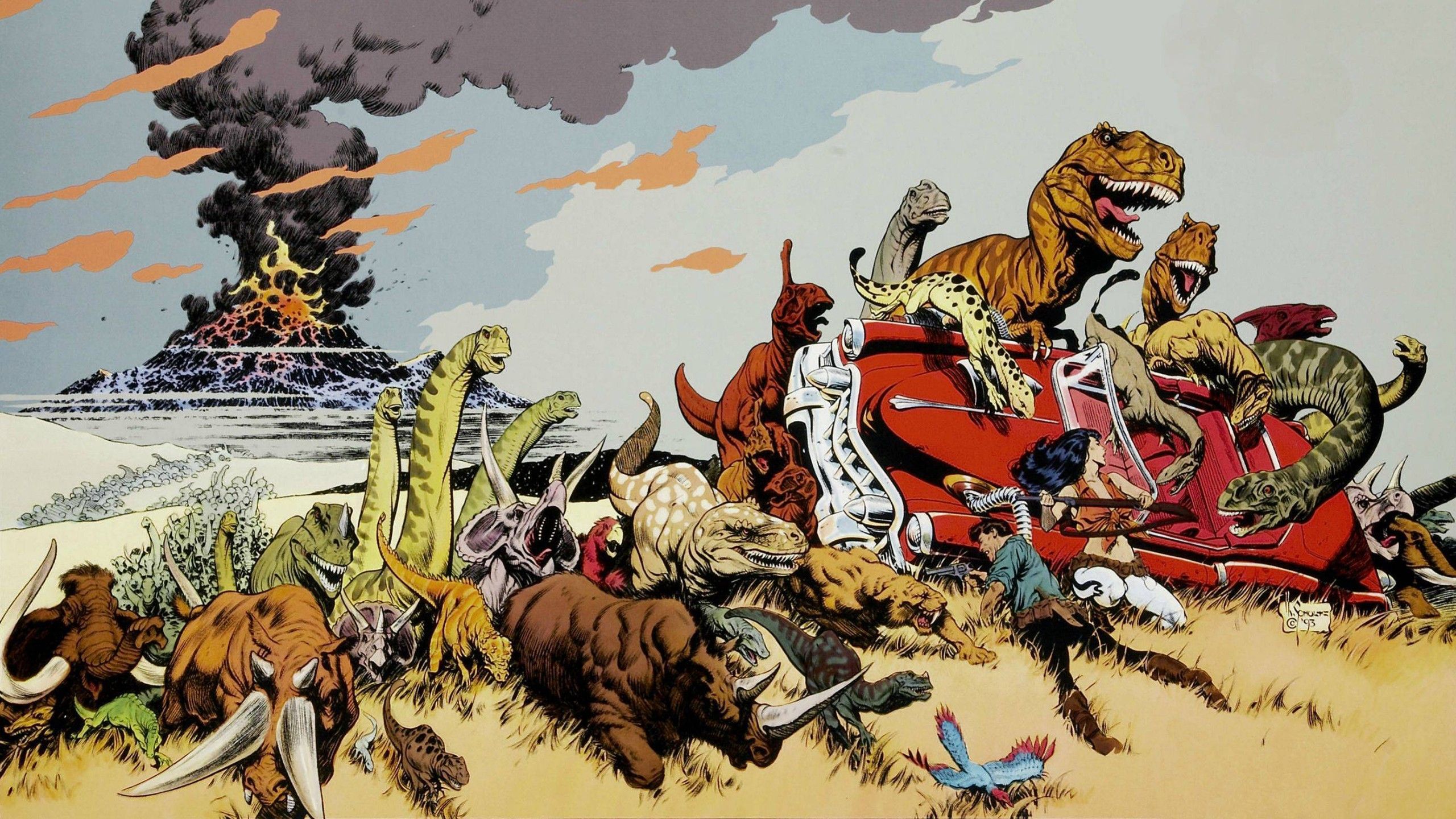 Fondos de pantalla: ilustración, coche, historietas, dinosaurios, mitología, mural