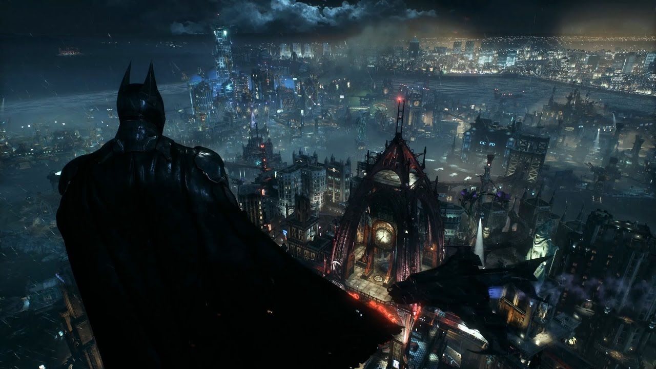 Wallpaper Engine - Batman Arkham Knight - Batman con vistas a Gotham desde la Torre Wayne