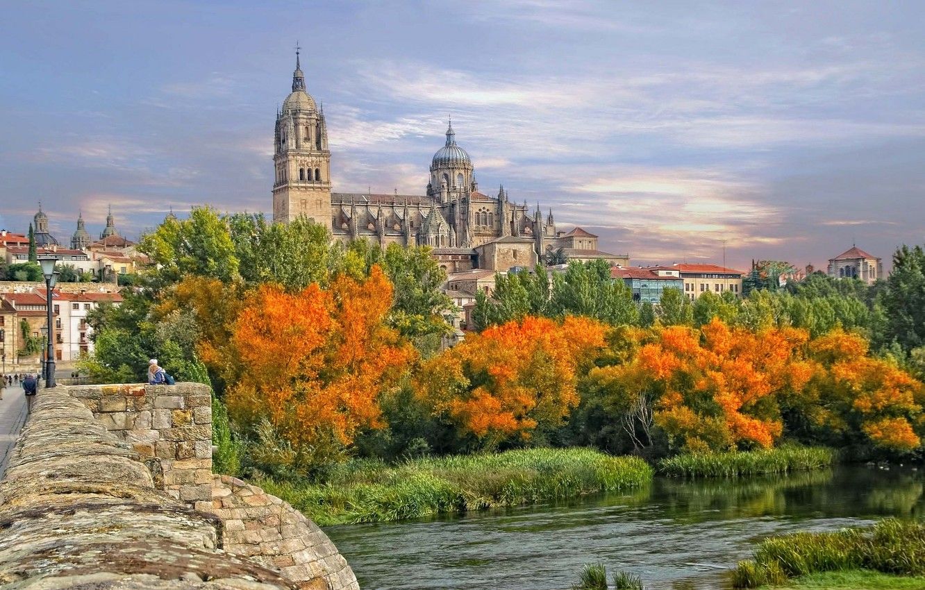 Fondo de pantalla otoño, árboles, puente, río, Catedral, España, el